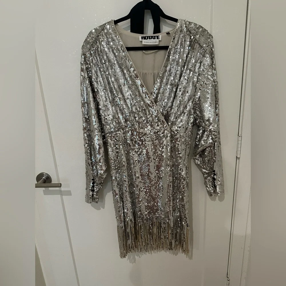 ROTATE Birger Christensen Sliver Sequin Wrap Minidress US 8 - Picture 3 of 13